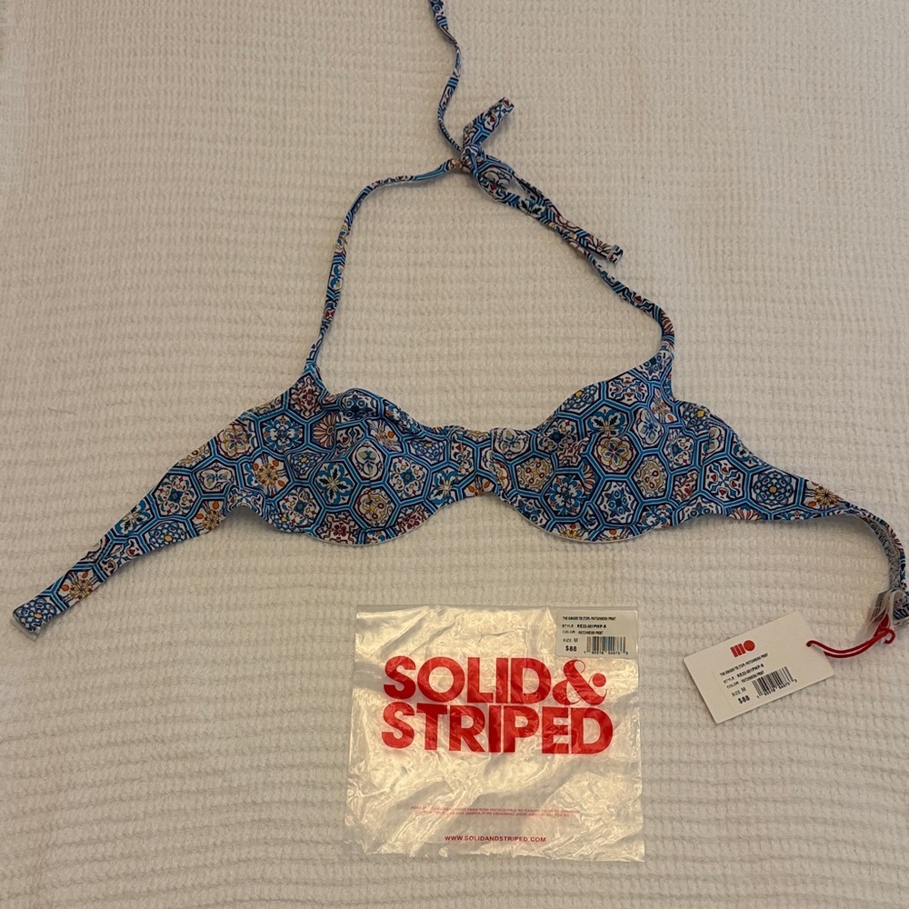 SOLID & STRIPED “The Ginger” Blue Patchwork Print Tie Bikini Top